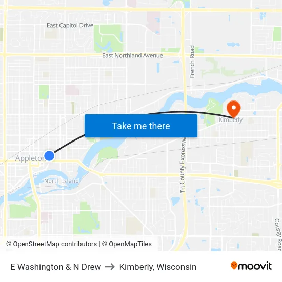 E Washington & N Drew to Kimberly, Wisconsin map