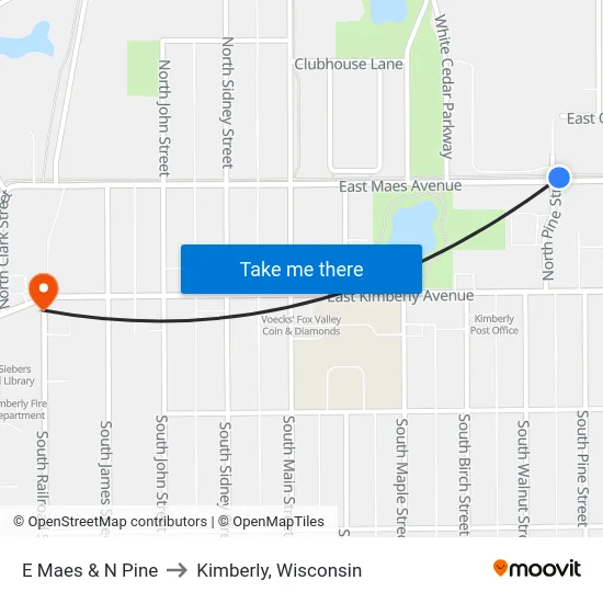 E Maes & N Pine to Kimberly, Wisconsin map