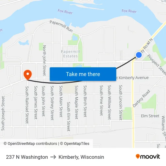 237 N Washington to Kimberly, Wisconsin map