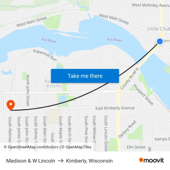 Madison & W Lincoln to Kimberly, Wisconsin map