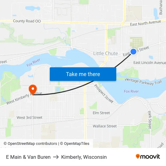 E Main & Van Buren to Kimberly, Wisconsin map