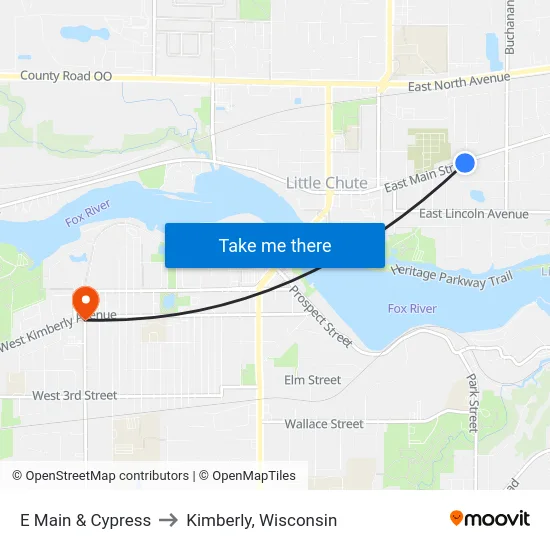 E Main & Cypress to Kimberly, Wisconsin map