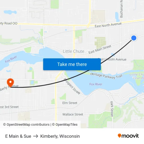 E Main & Sue to Kimberly, Wisconsin map