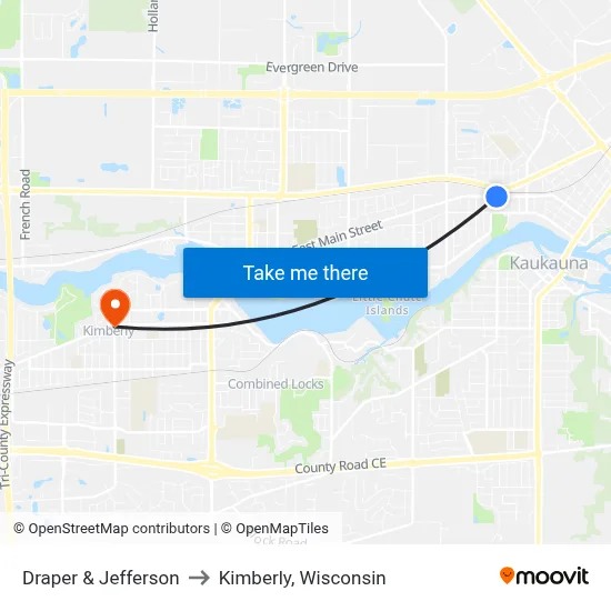 Draper & Jefferson to Kimberly, Wisconsin map