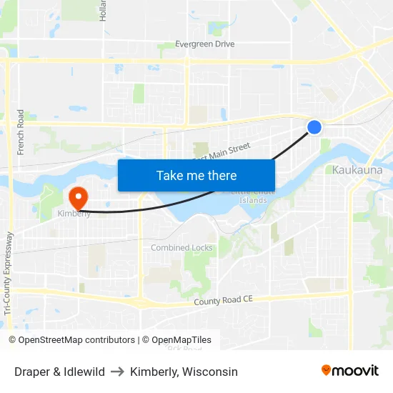 Draper & Idlewild to Kimberly, Wisconsin map