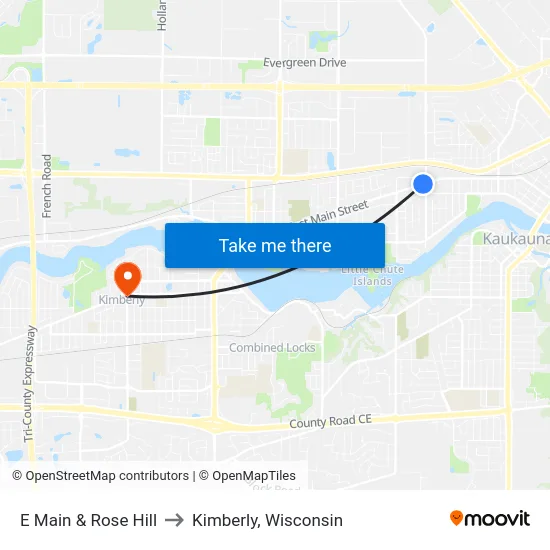 E Main & Rose Hill to Kimberly, Wisconsin map