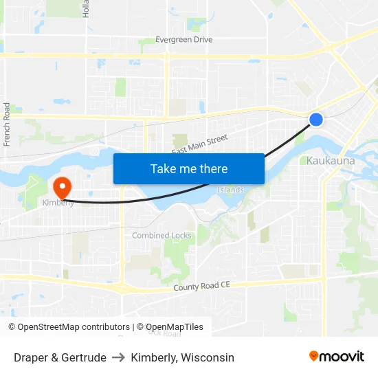 Draper & Gertrude to Kimberly, Wisconsin map