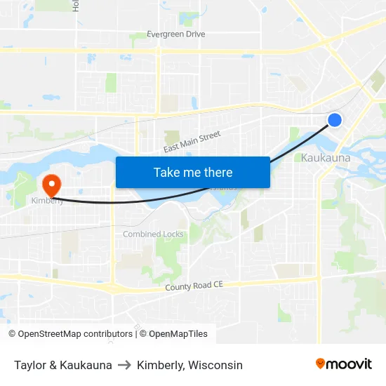 Taylor & Kaukauna to Kimberly, Wisconsin map