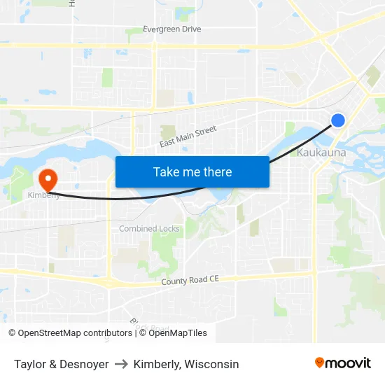 Taylor & Desnoyer to Kimberly, Wisconsin map