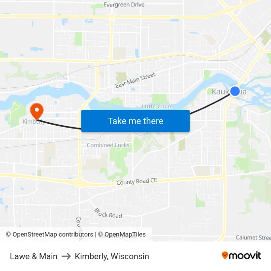 Lawe & Main to Kimberly, Wisconsin map