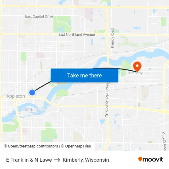 E Franklin & N Lawe to Kimberly, Wisconsin map