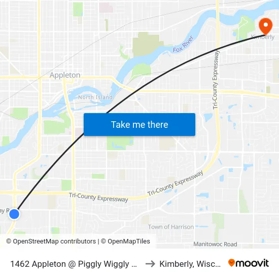 1462 Appleton @ Piggly Wiggly Driveway to Kimberly, Wisconsin map