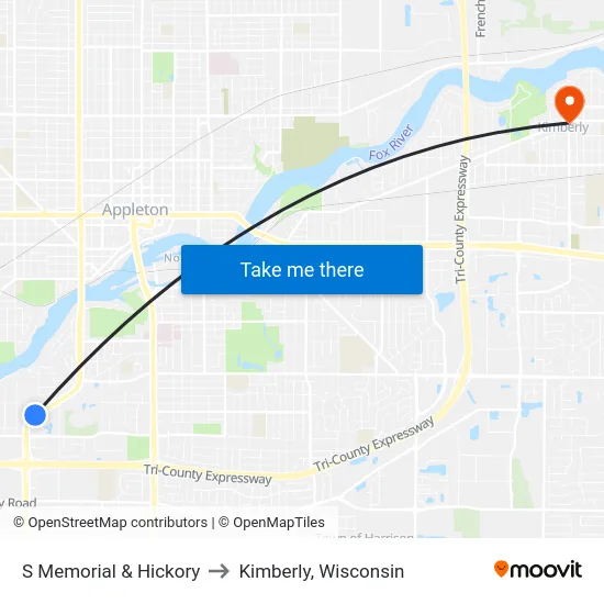 S Memorial & Hickory to Kimberly, Wisconsin map