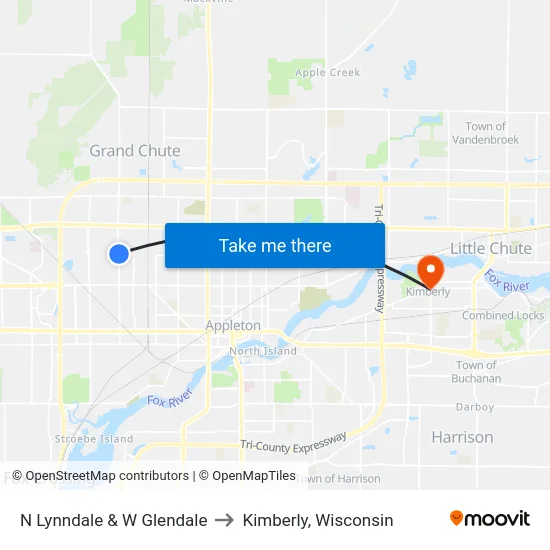 N Lynndale & W Glendale to Kimberly, Wisconsin map