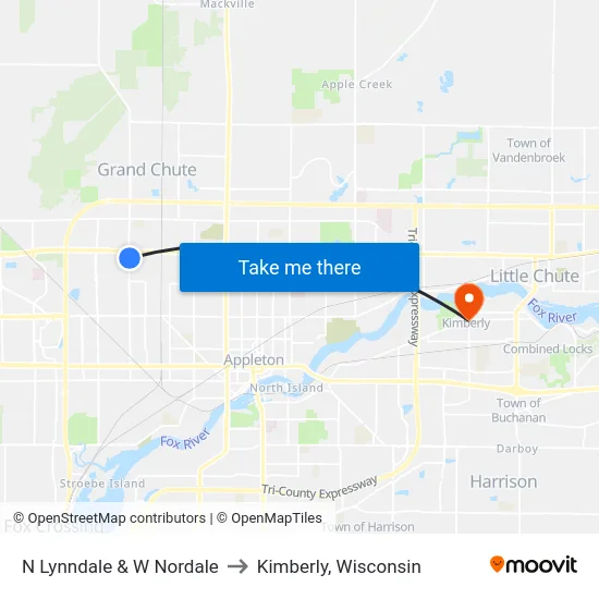 N Lynndale & W Nordale to Kimberly, Wisconsin map