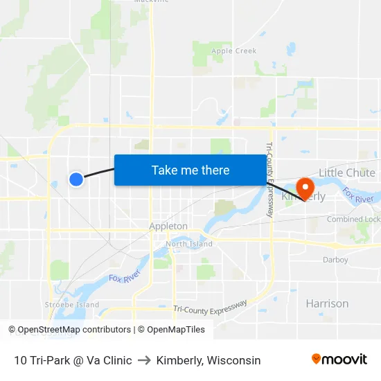 10 Tri-Park @ Va Clinic to Kimberly, Wisconsin map