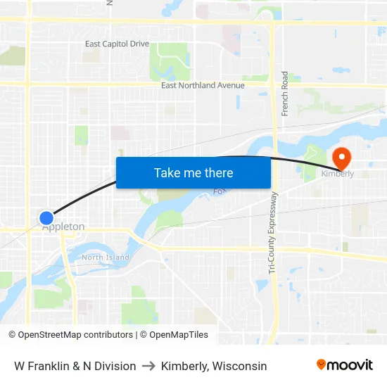 W Franklin & N Division to Kimberly, Wisconsin map