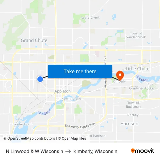N Linwood & W Wisconsin to Kimberly, Wisconsin map