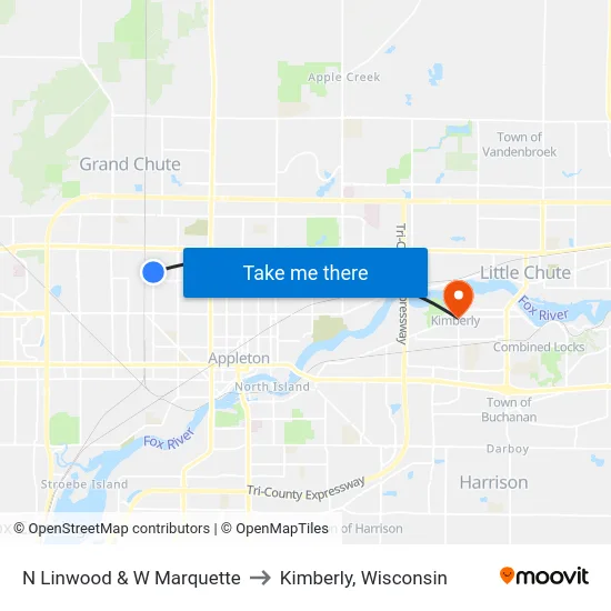 N Linwood & W Marquette to Kimberly, Wisconsin map
