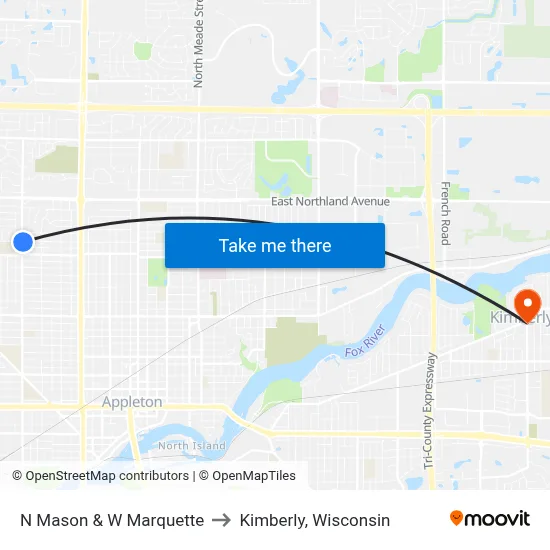 N Mason & W Marquette to Kimberly, Wisconsin map