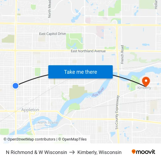 N Richmond & W Wisconsin to Kimberly, Wisconsin map
