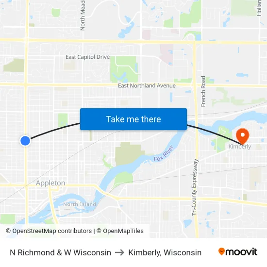 N Richmond & W Wisconsin to Kimberly, Wisconsin map
