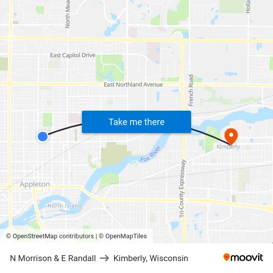 N Morrison & E Randall to Kimberly, Wisconsin map