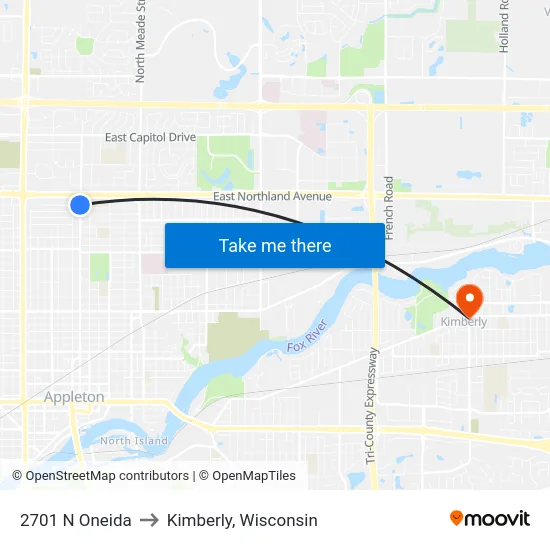 2701 N Oneida to Kimberly, Wisconsin map