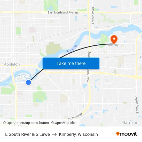 E South River & S Lawe to Kimberly, Wisconsin map