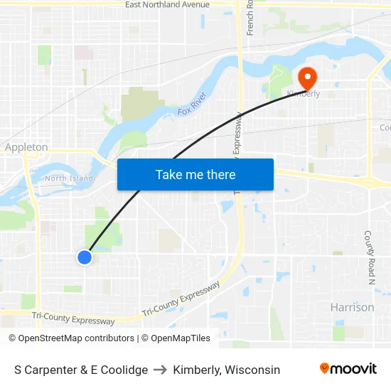 S Carpenter & E Coolidge to Kimberly, Wisconsin map