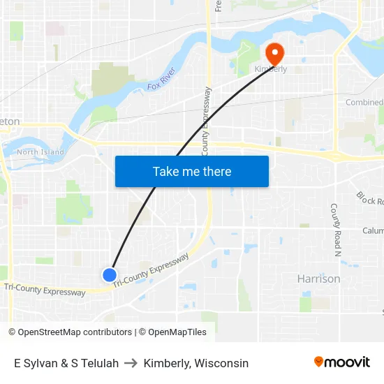 E Sylvan & S Telulah to Kimberly, Wisconsin map