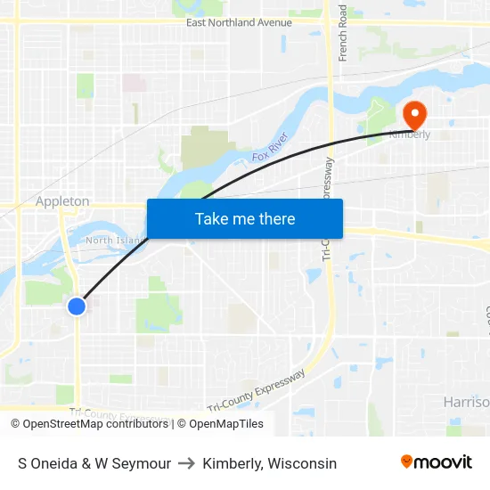 S Oneida & W Seymour to Kimberly, Wisconsin map
