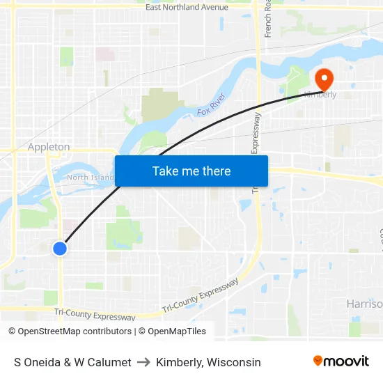 S Oneida & W Calumet to Kimberly, Wisconsin map
