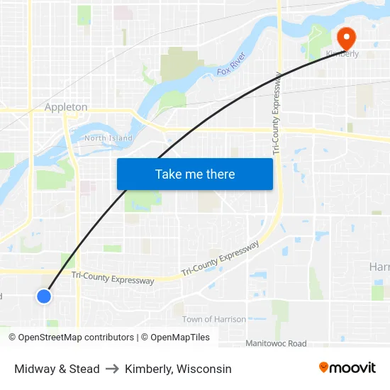 Midway & Stead to Kimberly, Wisconsin map