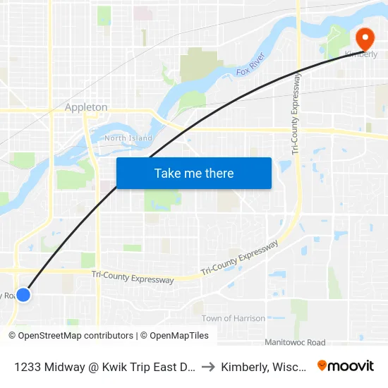 1233 Midway @ Kwik Trip East Driveway to Kimberly, Wisconsin map