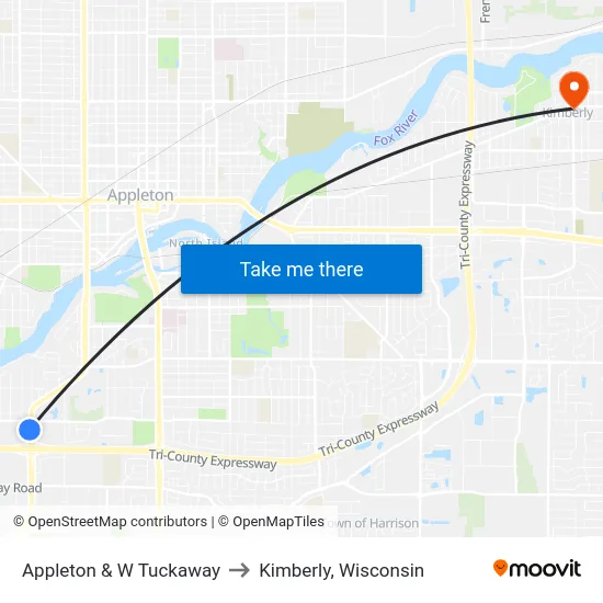 Appleton & W Tuckaway to Kimberly, Wisconsin map