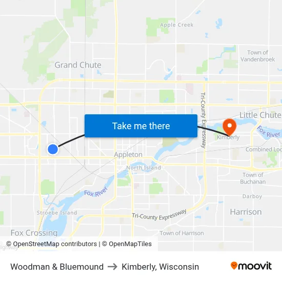 Woodman & Bluemound to Kimberly, Wisconsin map