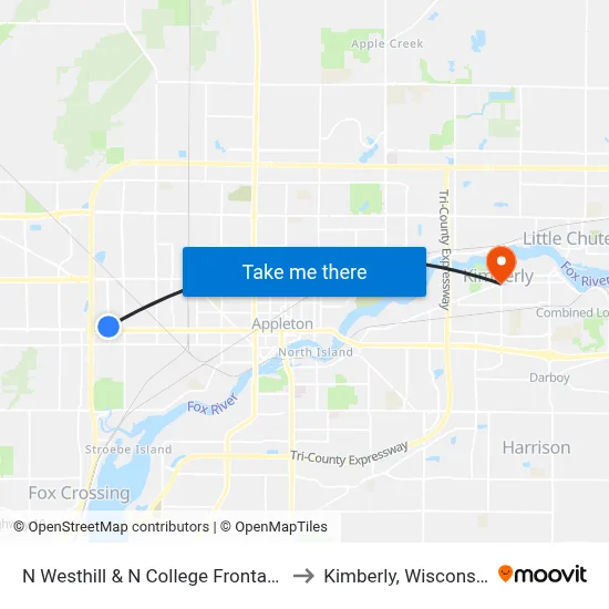 N Westhill & N College Frontage to Kimberly, Wisconsin map