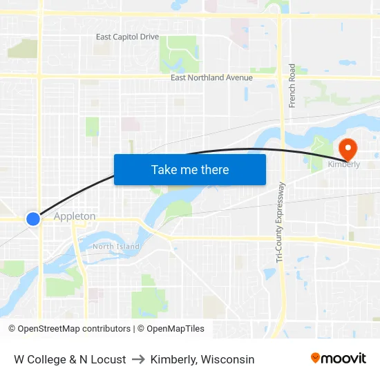 W College & N Locust to Kimberly, Wisconsin map