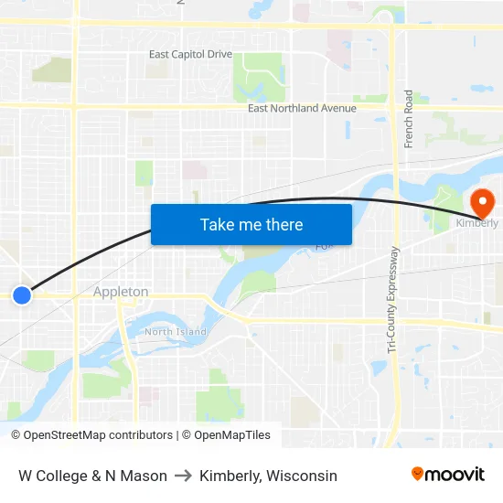W College & N Mason to Kimberly, Wisconsin map