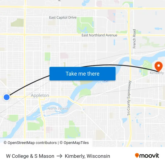 W College & S Mason to Kimberly, Wisconsin map
