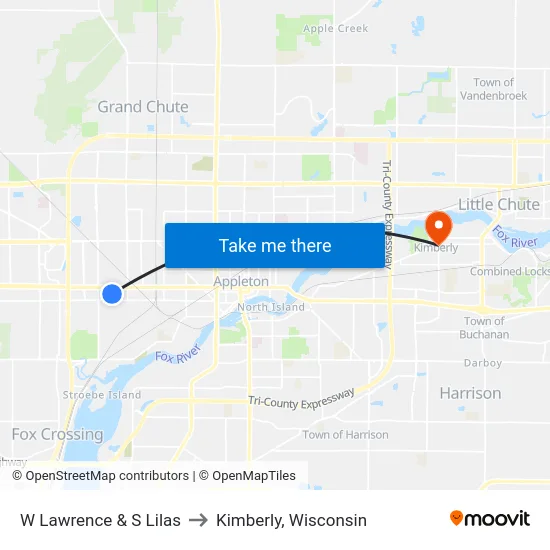 W Lawrence & S Lilas to Kimberly, Wisconsin map