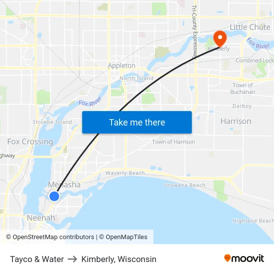 Tayco & Water to Kimberly, Wisconsin map