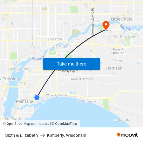 Sixth & Elizabeth to Kimberly, Wisconsin map