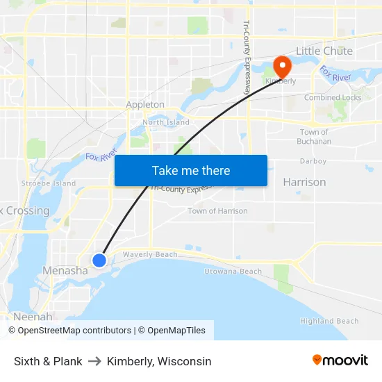Sixth & Plank to Kimberly, Wisconsin map