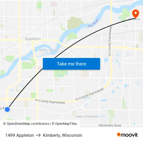 1499 Appleton to Kimberly, Wisconsin map