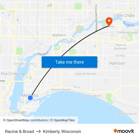 Racine & Broad to Kimberly, Wisconsin map