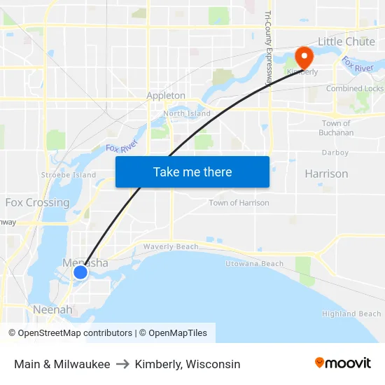Main & Milwaukee to Kimberly, Wisconsin map