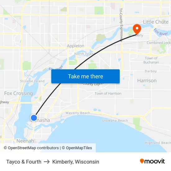 Tayco & Fourth to Kimberly, Wisconsin map