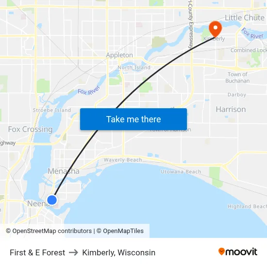 First & E Forest to Kimberly, Wisconsin map